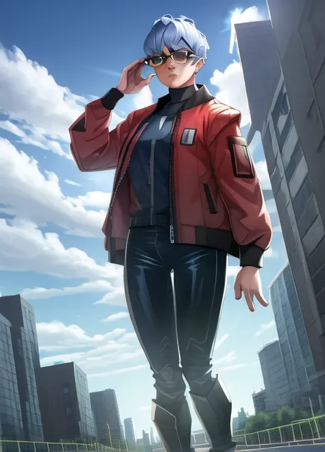 masterpiece, best quality, valkyrie (apex legends), cowboy shot, 1girl, solo, toned, blue sky, cloud, semi futuristic city, street, red jacket, black pants, sunglasses, buildings,