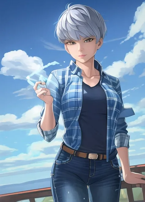 masterpiece, best quality, valkyrie (apex legends), cowboy shot, 1girl, solo, toned, blue sky, cloud, jeans, tied shirt, plaid shirt, floating, farmer,