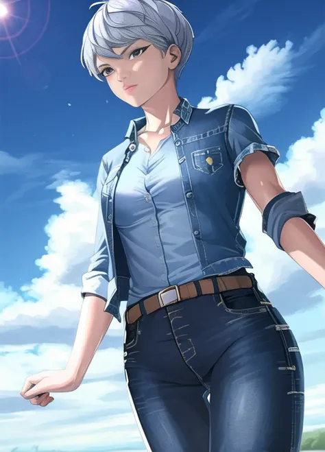 masterpiece, best quality, valkyrie (apex legends), cowboy shot, 1girl, solo, toned, blue sky, cloud, jeans, tied shirt, plaid shirt, floating, farmer,