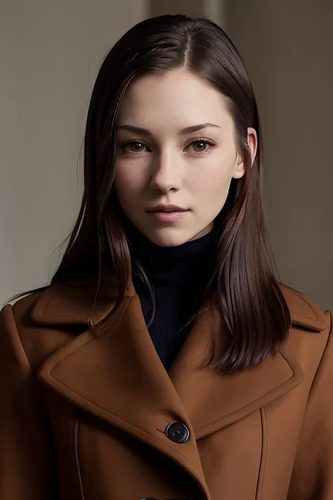 photo of (chyleigh:0.99), a woman, RAW, close portrait photo, long brown coat, turtleneck, long haircut, slim body, (high detailed skin:1.2), 8k uhd, dslr, soft lighting, high quality, film grain, Fujifilm XT3 sharp focus, f 5.6