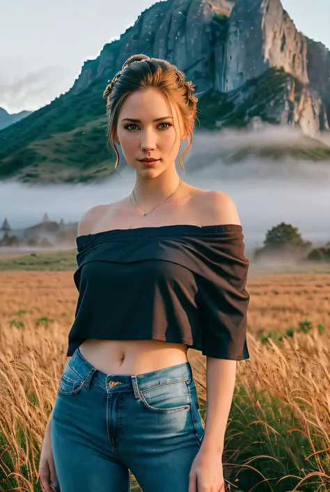 photo of (chyleigh:0.99), a woman as a sexy TikTok influencer, (standing in a field), (updo hair:1.4),(wearing tight jeans), ((off the shoulder shirt:1.2)) , modelshoot style, (extremely detailed CG unity 8k wallpaper), large breasts, photo of the most beautiful artwork in the world, professional majestic (photography by Steve McCurry), 8k uhd, dslr, soft lighting, high quality, film grain, Fujifilm XT3 sharp focus, f 5.6, High Detail, Sharp focus, dramatic, ((mountains in the background)), (dusk:1.2), (looking to camera:1.3), (detailed pupils:1.3), (natural light), (closeup:1.2), (seductive), (fog:1.3), foggy