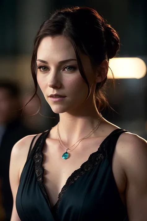 photo of beautiful (chyleigh:0.99), a woman as a movie star, hair updo, sexy shirt unbuttoned, trousers, movie premiere gala, dark moody ambience (masterpiece:1.2) (photorealistic:1.2) (bokeh) (best quality) (detailed skin:1.2) (intricate details) (nighttime) (8k) (HDR) (cinematic lighting) (sharp focus), (looking at the camera:1.1), (closeup portrait:1.1), (necklace)