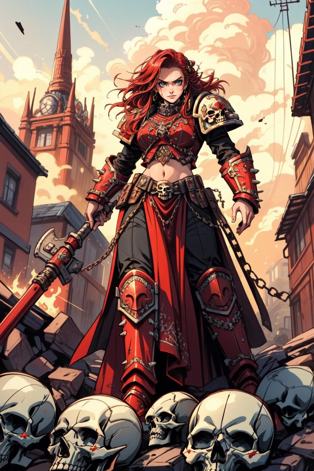 (masterpiece, best quality), intricate details,
1girl, <lora:rias:0.8> rias, long hair, red hair,
<lora:khorne:0.8> khorne, red armor, skull, chains, spikes, blood, evil, warhammer 40k, battlefield, debris, <lora:add_detail:0.8>