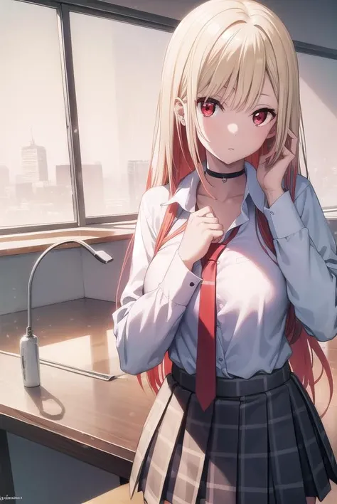 marinkitagawa, <lyco:marinkitagawapopochichi-lyco-nochekaiser:1>,
marin kitagawa popochichi, blonde hair, choker, ear piercing, earrings, long hair, piercing, (red eyes:1.5), straight hair, swept bangs, gradient hair,
BREAK black necktie, long sleeves, pleated skirt, school uniform, shirt, skirt, sleeves rolled up, white shirt, cleavage,
BREAK indoors, classroom,
BREAK looking at viewer, (cowboy shot:1.5),
BREAK <lyco:GoodHands-beta2:1>, (masterpiece:1.2), best quality, high resolution, unity 8k wallpaper, (illustration:0.8), (beautiful detailed eyes:1.6), extremely detailed face, perfect lighting, extremely detailed CG, (perfect hands, perfect anatomy),