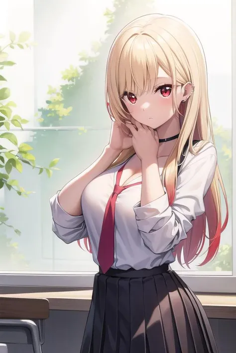 marinkitagawa, <lyco:marinkitagawapopochichi-lyco-nochekaiser:1>,
marin kitagawa popochichi, blonde hair, choker, ear piercing, earrings, long hair, piercing, (red eyes:1.5), straight hair, swept bangs, gradient hair,
BREAK black necktie, long sleeves, pleated skirt, school uniform, shirt, skirt, sleeves rolled up, white shirt, cleavage,
BREAK indoors, classroom,
BREAK looking at viewer, (cowboy shot:1.5),
BREAK <lyco:GoodHands-beta2:1>, (masterpiece:1.2), best quality, high resolution, unity 8k wallpaper, (illustration:0.8), (beautiful detailed eyes:1.6), extremely detailed face, perfect lighting, extremely detailed CG, (perfect hands, perfect anatomy),