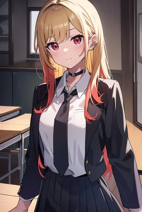marinkitagawa, <lyco:marinkitagawa-LYCORIStest:1>, marin kitagawa, blonde hair, choker, ear piercing, earrings, long hair, piercing, (red eyes:1.5), straight hair, swept bangs,
BREAK black necktie, long sleeves, pleated skirt, school uniform, shirt, skirt, sleeves rolled up, white shirt, cleavage,
BREAK indoors, classroom,
BREAK looking at viewer, BREAK <lora:GoodHands-vanilla:1>, (masterpiece:1.2), best quality, high resolution, unity 8k wallpaper, (illustration:0.8), (beautiful detailed eyes:1.6), extremely detailed face, perfect lighting, extremely detailed CG, (perfect hands, perfect anatomy),