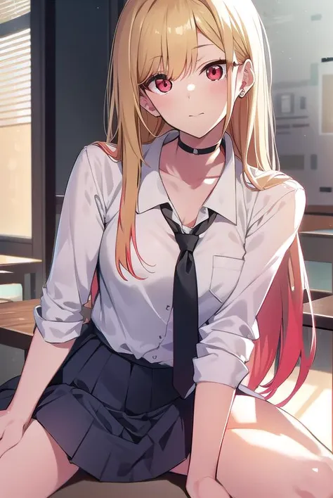 marinkitagawa, <lyco:marinkitagawa-LYCORIStest:1>, marin kitagawa, blonde hair, choker, ear piercing, earrings, long hair, piercing, (red eyes:1.5), straight hair, swept bangs,
BREAK black necktie, long sleeves, pleated skirt, school uniform, shirt, skirt, sleeves rolled up, white shirt, cleavage,
BREAK indoors, classroom,
BREAK looking at viewer, BREAK <lora:GoodHands-vanilla:1>, (masterpiece:1.2), best quality, high resolution, unity 8k wallpaper, (illustration:0.8), (beautiful detailed eyes:1.6), extremely detailed face, perfect lighting, extremely detailed CG, (perfect hands, perfect anatomy),