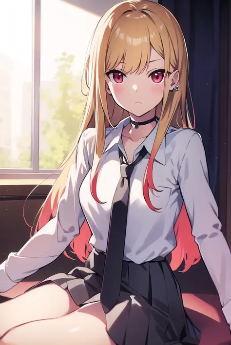 marinkitagawa, <lyco:marinkitagawa-LYCORIStest:1>, marin kitagawa, blonde hair, choker, ear piercing, earrings, long hair, piercing, (red eyes:1.5), straight hair, swept bangs,
BREAK black necktie, long sleeves, pleated skirt, school uniform, shirt, skirt, sleeves rolled up, white shirt, cleavage,
BREAK indoors, classroom,
BREAK looking at viewer, BREAK <lora:GoodHands-vanilla:1>, (masterpiece:1.2), best quality, high resolution, unity 8k wallpaper, (illustration:0.8), (beautiful detailed eyes:1.6), extremely detailed face, perfect lighting, extremely detailed CG, (perfect hands, perfect anatomy),