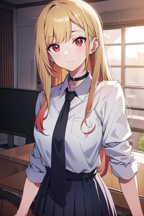 marinkitagawa, <lyco:marinkitagawa-LYCORIStest:1>, marin kitagawa, blonde hair, choker, ear piercing, earrings, long hair, piercing, (red eyes:1.5), straight hair, swept bangs,
BREAK black necktie, long sleeves, pleated skirt, school uniform, shirt, skirt, sleeves rolled up, white shirt, cleavage,
BREAK indoors, classroom,
BREAK looking at viewer, BREAK <lora:GoodHands-vanilla:1>, (masterpiece:1.2), best quality, high resolution, unity 8k wallpaper, (illustration:0.8), (beautiful detailed eyes:1.6), extremely detailed face, perfect lighting, extremely detailed CG, (perfect hands, perfect anatomy),