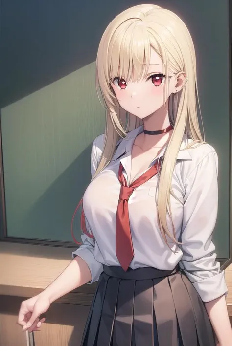 marinkitagawa, <lyco:marinkitagawapopochichi-lyco-nochekaiser:1>,
marin kitagawa popochichi, blonde hair, choker, ear piercing, earrings, long hair, piercing, (red eyes:1.5), straight hair, swept bangs, gradient hair,
BREAK black necktie, long sleeves, pleated skirt, school uniform, shirt, skirt, sleeves rolled up, white shirt, cleavage,
BREAK indoors, classroom,
BREAK looking at viewer, (cowboy shot:1.5),
BREAK <lyco:GoodHands-beta2:1>, (masterpiece:1.2), best quality, high resolution, unity 8k wallpaper, (illustration:0.8), (beautiful detailed eyes:1.6), extremely detailed face, perfect lighting, extremely detailed CG, (perfect hands, perfect anatomy),