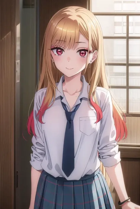 marinkitagawa, <lyco:marinkitagawas1-lyco-nochekaiser:1>,
marin kitagawa, long hair, bangs, blonde hair, (red eyes:1.5), multicolored hair, smile,
BREAK skirt, shirt, jewelry, school uniform, white shirt, pleated skirt, earrings, necktie, choker, bracelet, blue skirt, plaid, black choker, plaid skirt,
BREAK indoors, classroom,
BREAK looking at viewer, (cowboy shot:1.5),
BREAK <lyco:GoodHands-beta2:1>, (masterpiece:1.2), best quality, high resolution, unity 8k wallpaper, (illustration:0.8), (beautiful detailed eyes:1.6), extremely detailed face, perfect lighting, extremely detailed CG, (perfect hands, perfect anatomy),