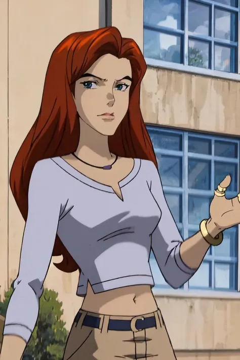 straight-on,upper body,looking at viewer,BREAK, 
CARTOON_jeangrey_purpleshirt_ownwaifu,www.ownwaifu.com,
long hair,red hair,makeup,green eyes,lipstick,lips,breasts,red lips,medium breasts,nose, 
jewelry,bracelet,pants,midriff,shirt,navel,ring,bangle,crop top,casual,long sleeves,belt,wristband,brown pants,cleavage,purple shirt,necklace,
<lora:CARTOON_X_MEN_Evolution_jeangrey_ownwaifu-15:1>, BREAK, 1girl, solo, looking at viewer, upper body, official art, highres, scenery, (masterpiece:1.1), (best quality,:1.1), (high quality:1.1), (anime screencap:1.2),