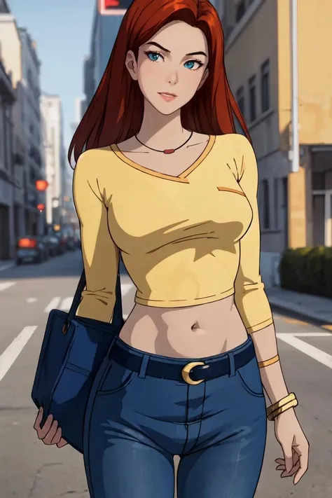 straight-on,upper body,looking at viewer,BREAK, 
CARTOON_jeangrey_top_ownwaifu,www.ownwaifu.com,
long hair,red hair,breasts,lipstick,makeup,lips,red lips,medium breasts,green eyes,
jewelry,yellow shirt,necklace,pants,shirt,denim,jeans,bracelet,midriff,belt,navel,wristband,blue pants,crop top,long sleeves,
<lora:CARTOON_X_MEN_Evolution_jeangrey_ownwaifu-15:0.7>, BREAK, official art,extremely detailed CG unity 8k wallpaper, perfect lighting,Colorful, Bright_Front_face_Lighting,shiny skin, (masterpiece:1.0),(best_quality:1.0), ultra high res,4K,ultra-detailed, photography, 8K, HDR, highres, (absurdres:1.2), Kodak portra 400, film grain, blurry background, (bokeh:1.2), lens flare, (vibrant_color:1.2),professional photograph, (beautiful_face:1.5),