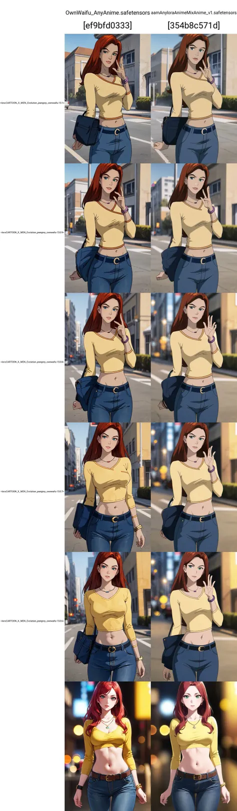 straight-on,upper body,looking at viewer,BREAK, 
CARTOON_jeangrey_top_ownwaifu,www.ownwaifu.com,
long hair,red hair,breasts,lipstick,makeup,lips,red lips,medium breasts,green eyes,
jewelry,yellow shirt,necklace,pants,shirt,denim,jeans,bracelet,midriff,belt,navel,wristband,blue pants,crop top,long sleeves,
<lora:CARTOON_X_MEN_Evolution_jeangrey_ownwaifu-15:1>, BREAK, official art,extremely detailed CG unity 8k wallpaper, perfect lighting,Colorful, Bright_Front_face_Lighting,shiny skin, (masterpiece:1.0),(best_quality:1.0), ultra high res,4K,ultra-detailed, photography, 8K, HDR, highres, (absurdres:1.2), Kodak portra 400, film grain, blurry background, (bokeh:1.2), lens flare, (vibrant_color:1.2),professional photograph, (beautiful_face:1.5),