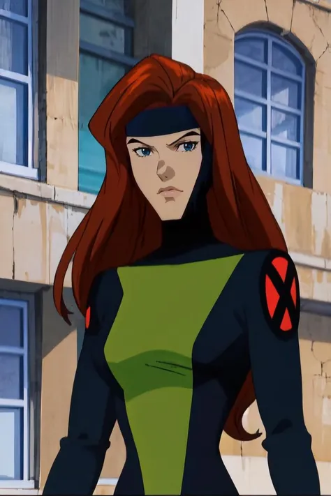 straight-on,upper body,looking at viewer,BREAK,
CARTOON_jeangrey_costume_ownwaifu,www.ownwaifu.com,
long hair,makeup,lipstick,red hair,lips,green eyes,breasts,red lips,medium breasts, nose,
headband,bodysuit,jewelry,bracelet,green bodysuit,turtleneck,black headband,fingerless gloves,skin tight,long sleeves,superhero,multicolored bodysuit,
<lora:CARTOON_X_MEN_Evolution_jeangrey_ownwaifu-15:1>, BREAK, 1girl, solo, looking at viewer, upper body, official art, highres, scenery, (masterpiece:1.1), (best quality,:1.1), (high quality:1.1), (anime screencap:1.2),