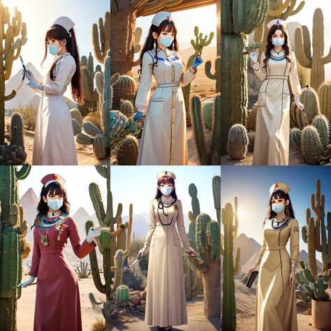 (otherworldly, otherworldly atmosphere, otherworldly appearance), highly insanely detailed, masterpiece, top quality, best quality, highres, 4k, 8k, RAW photo, collar, earrings, jewelry, necklace, armlet,
(long_hair, long hair, random colors cloth, random colors hair, random long hair, dynamic hair, glowing hair, hair over one eye),
(eyelashes, eyeliner, eyeshadow, eyelashes),
makeup,
((ancient egyptian theme)), golden ornaments,
1girl, (portrait:0.4), nsfw,
((desert, Mexico, cacti)),
a grove of mechanical trees swaying to the rhythm of coded breezes, (tranquil:0.6), (serene:0.5),
long messy hair,
<lora:Long nurse unifirm T2:0.85>,
1girl, lower body, ancient egyptian hospital, (longnurset2, gloves, surgical mask, ancient egyptian nurse, nurse cap, stethoscope,ancient egyptian puffy dress,long sleeves,ancient egyptian long dress),
BREAK
scenery, (ancient egyptian ruins), (fantasy world)