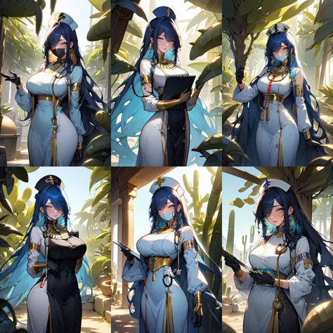 (otherworldly, otherworldly atmosphere, otherworldly appearance), highly insanely detailed, masterpiece, top quality, best quality, highres, 4k, 8k, RAW photo, collar, earrings, jewelry, necklace, armlet,
(long_hair, long hair, random colors cloth, random colors hair, random long hair, dynamic hair, glowing hair, hair over one eye),
(eyelashes, eyeliner, eyeshadow, eyelashes),
makeup,
((ancient egyptian theme)), golden ornaments,
1girl, (portrait:0.4), nsfw,
((desert, Mexico, cacti)),
a grove of mechanical trees swaying to the rhythm of coded breezes, (tranquil:0.6), (serene:0.5),
long messy hair,
<lora:Long nurse unifirm T2:0.85>,
1girl, lower body, ancient egyptian hospital, (longnurset2, gloves, surgical mask, ancient egyptian nurse, nurse cap, stethoscope,ancient egyptian puffy dress,long sleeves,ancient egyptian long dress),
BREAK
scenery, (ancient egyptian ruins), (fantasy world)