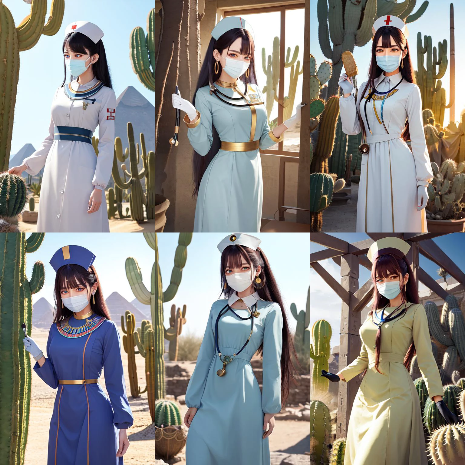 (otherworldly, otherworldly atmosphere, otherworldly appearance), highly insanely detailed, masterpiece, top quality, best quality, highres, 4k, 8k, RAW photo, collar, earrings, jewelry, necklace, armlet,
(long_hair, long hair, random colors cloth, random colors hair, random long hair, dynamic hair, glowing hair, hair over one eye),
(eyelashes, eyeliner, eyeshadow, eyelashes),
makeup,
((ancient egyptian theme)), golden ornaments,
1girl, (portrait:0.4), nsfw,
((desert, Mexico, cacti)),
a grove of mechanical trees swaying to the rhythm of coded breezes, (tranquil:0.6), (serene:0.5),
long messy hair,
<lora:Long nurse unifirm T2:0.85>,
1girl, lower body, ancient egyptian hospital, (longnurset2, gloves, surgical mask, ancient egyptian nurse, nurse cap, stethoscope,ancient egyptian puffy dress,long sleeves,ancient egyptian long dress),
BREAK
scenery, (ancient egyptian ruins), (fantasy world)
