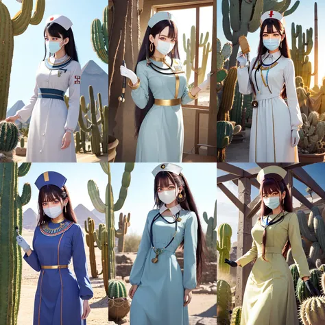 (otherworldly, otherworldly atmosphere, otherworldly appearance), highly insanely detailed, masterpiece, top quality, best quality, highres, 4k, 8k, RAW photo, collar, earrings, jewelry, necklace, armlet,
(long_hair, long hair, random colors cloth, random colors hair, random long hair, dynamic hair, glowing hair, hair over one eye),
(eyelashes, eyeliner, eyeshadow, eyelashes),
makeup,
((ancient egyptian theme)), golden ornaments,
1girl, (portrait:0.4), nsfw,
((desert, Mexico, cacti)),
a grove of mechanical trees swaying to the rhythm of coded breezes, (tranquil:0.6), (serene:0.5),
long messy hair,
<lora:Long nurse unifirm T2:0.85>,
1girl, lower body, ancient egyptian hospital, (longnurset2, gloves, surgical mask, ancient egyptian nurse, nurse cap, stethoscope,ancient egyptian puffy dress,long sleeves,ancient egyptian long dress),
BREAK
scenery, (ancient egyptian ruins), (fantasy world)