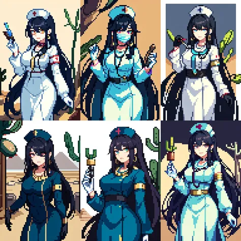 (otherworldly, otherworldly atmosphere, otherworldly appearance), highly insanely detailed, masterpiece, top quality, best quality, highres, 4k, 8k, RAW photo, collar, earrings, jewelry, necklace, armlet,
(long_hair, long hair, random colors cloth, random colors hair, random long hair, dynamic hair, glowing hair, hair over one eye),
(eyelashes, eyeliner, eyeshadow, eyelashes),
makeup,
((ancient egyptian theme)), golden ornaments,
1girl, (portrait:0.4), nsfw,
((desert, Mexico, cacti)),
a grove of mechanical trees swaying to the rhythm of coded breezes, (tranquil:0.6), (serene:0.5),
long messy hair,
<lora:Long nurse unifirm T2:0.85>,
1girl, lower body, ancient egyptian hospital, (longnurset2, gloves, surgical mask, ancient egyptian nurse, nurse cap, stethoscope,ancient egyptian puffy dress,long sleeves,ancient egyptian long dress),
BREAK
scenery, (ancient egyptian ruins), (fantasy world)