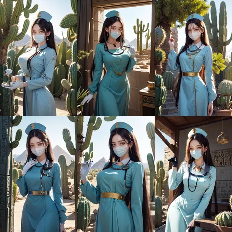 (otherworldly, otherworldly atmosphere, otherworldly appearance), highly insanely detailed, masterpiece, top quality, best quality, highres, 4k, 8k, RAW photo, collar, earrings, jewelry, necklace, armlet,
(long_hair, long hair, random colors cloth, random colors hair, random long hair, dynamic hair, glowing hair, hair over one eye),
(eyelashes, eyeliner, eyeshadow, eyelashes),
makeup,
((ancient egyptian theme)), golden ornaments,
1girl, (portrait:0.4), nsfw,
((desert, Mexico, cacti)),
a grove of mechanical trees swaying to the rhythm of coded breezes, (tranquil:0.6), (serene:0.5),
long messy hair,
<lora:Long nurse unifirm T2:0.85>,
1girl, lower body, ancient egyptian hospital, (longnurset2, gloves, surgical mask, ancient egyptian nurse, nurse cap, stethoscope,ancient egyptian puffy dress,long sleeves,ancient egyptian long dress),
BREAK
scenery, (ancient egyptian ruins), (fantasy world)