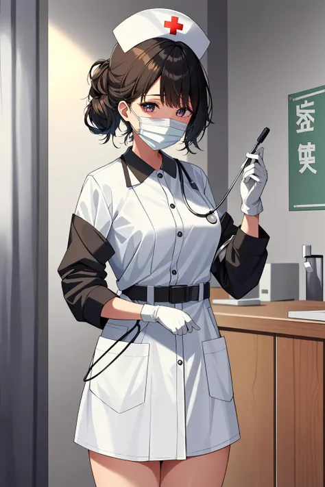 ((masterpiece, best quality, high quality)),1girl, (hospital), <lora:infirmary_v0.1:0.5> infirmary, <lora:Long nurse uniform (mg):0.7> (longnurset2, gloves, mask, nurse cap, nurse, surgical mask, long sleeves, stethoscope),