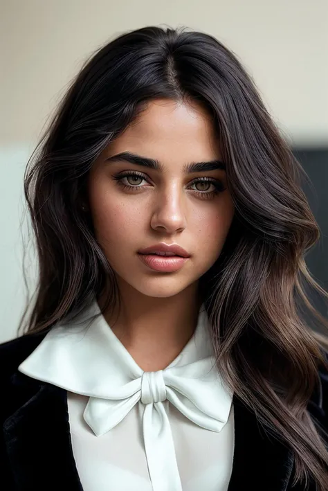 beautiful woman (EPY4sm1n3K4t3b:.99), perfect hair, (( Asymmetrical black lob hairstyle :1.2)), ((professional model makeup)) , ((portrait)), (closeup:1.2), ((from the waist up)), ((( office :1.2 ))), natural skin texture, (( Collared shirt :1.2)), (( wearing Velvet Bow Hair Clip :1.2)) , 24mm, 4k textures, soft cinematic light, adobe lightroom, photolab, hdr, intricate, elegant, highly detailed, sharp focus, ((((cinematic look)))), soothing tones, insane details, intricate details, hyperdetailed, low contrast, soft cinematic light, exposure blend, hdr, faded, now, ("I've got a bad feeling about this.":1.1)
