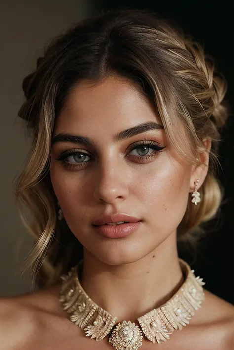 beautiful woman (EPY4sm1n3K4t3b:.99), perfect hair, (( Messy blonde chignon hairstyle :1.2)), ((professional model makeup:1.4)) , ((portrait)), (closeup:1.2), ((from the waist up)), ((( model catwalk:1.2 ))), natural skin texture, (( a model :1.2)), (( wearing Embellished Collar Pin :1.2)) , 24mm, 4k textures, soft cinematic light, adobe lightroom, photolab, hdr, intricate, elegant, highly detailed, sharp focus, ((((cinematic look)))), soothing tones, insane details, intricate details, hyperdetailed, low contrast, soft cinematic light, exposure blend, hdr, faded, now, ("I've got a bad feeling about this.":1.1)