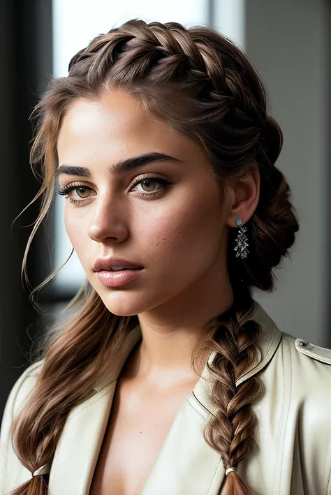beautiful woman (EPY4sm1n3K4t3b:.99), perfect hair, (( Auburn braided crown updo hairstyle :1.2)), ((professional model makeup)) , ((portrait)), (closeup:1.2), ((from the waist up)), ((( office :1.2 ))), natural skin texture, (( Cropped jacket :1.2)), (( wearing Leather Driving Glove :1.2)) , 24mm, 4k textures, soft cinematic light, adobe lightroom, photolab, hdr, intricate, elegant, highly detailed, sharp focus, ((((cinematic look)))), soothing tones, insane details, intricate details, hyperdetailed, low contrast, soft cinematic light, exposure blend, hdr, faded, now, ("I've got a bad feeling about this.":1.1)