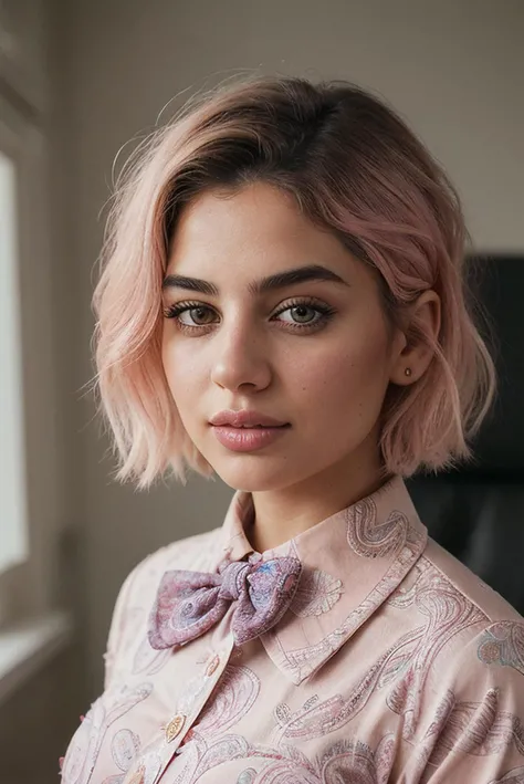 beautiful woman (EPY4sm1n3K4t3b:.99), perfect hair, (( Mid-length pastel pink shag hairstyle :1.2)), ((professional model makeup)) , ((portrait)), (closeup:1.2), ((from the waist up)), ((( office :1.2 ))), natural skin texture, (( Button-up shirt :1.2)), (( wearing Paisley Bow Tie :1.2)) , 24mm, 4k textures, soft cinematic light, adobe lightroom, photolab, hdr, intricate, elegant, highly detailed, sharp focus, ((((cinematic look)))), soothing tones, insane details, intricate details, hyperdetailed, low contrast, soft cinematic light, exposure blend, hdr, faded, now, ("I've got a bad feeling about this.":1.1)