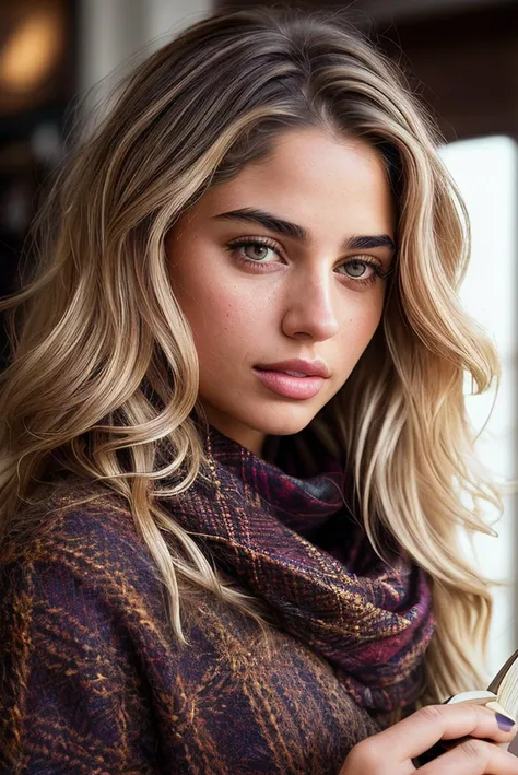 beautiful woman (EPY4sm1n3K4t3b:.99), perfect hair, ((blonde highlights:1.2)), jewellery, ((portrait)), (closeup:1.2), ((from the waist up)), ((( A stylish, modern book café, filled with a variety of books and a cozy, inviting atmosphere   :1.2 ))), natural skin texture,  ((  Knot front tee and joggers :1.2)), (( wearing Plaid Wool Scarf  :1.2)) , 24mm, 4k textures, soft cinematic light, adobe lightroom, photolab, hdr, intricate, elegant, highly detailed, sharp focus, ((((cinematic look)))), soothing tones, insane details, intricate details, hyperdetailed, low contrast, soft cinematic light, exposure blend, hdr, faded, now, ("I've got a bad feeling about this.":1.1)