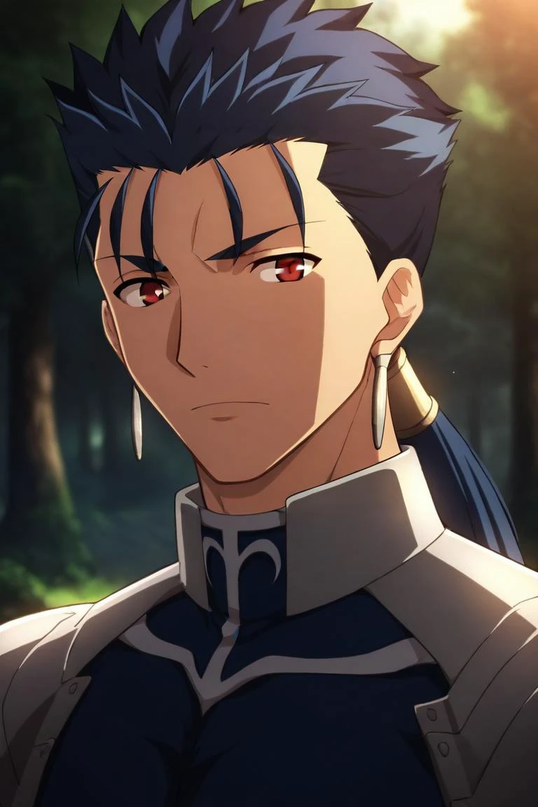 score_9, score_8_up, score_7_up, source_anime, rating_safe, intricate details, semi-realistic, looking at viewer, upper body, , 1boy, solo, male focus, <lora:lancer_fsn_pony:0.96>, lancer_fsn, blue hair, red eyes, long hair, ponytail, spiked hair, fate/stay night, earrings, jewelry, , , mushroom forest, , <lora:sdxl_lightning_8step_lora:1>