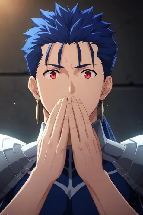 score_9, score_8_up, score_7_up, source_anime, rating_safe, intricate details, semi-realistic, looking at viewer, , depth of field, 1boy, solo, male focus, <lora:lancer_fsn_pony:0.8>, lancer_fsn, blue hair, red eyes, long hair, ponytail, spiked hair, , , armor, , pauldrons, , , science fiction social science fiction, Hands covering mouth, suggesting surprise or shock, <lora:sdxl_lightning_8step_lora:1>