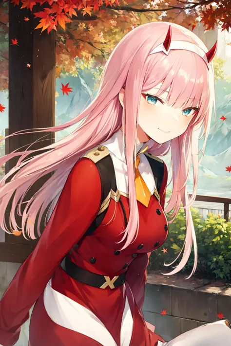 ((masterpiece)), (best quality), official art, extremely detailed CG, unity 8k wallpaper, ultra detailed,
1girl, zero_two, long hair, horns, hairband, white hairband, medium breasts, very long hair, straight hair, red horns, blue eyes,  necktie, uniform, military, military uniform, long sleeves,  (white boots:1.4), black pantyhose,
smile,
outdoors, upper body, 
mountain, autumn leaves, wind, 
<lora:zero_two:0.8>, 
sketch lines, sketch, pastel, watercolor, <lora:ipmya_style:0.8>,