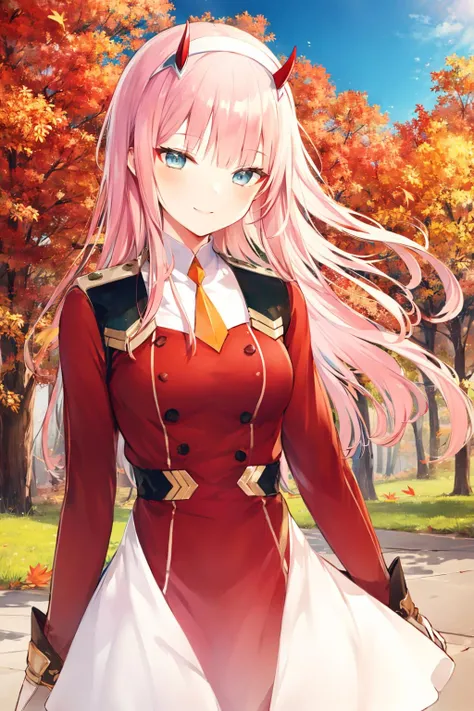 ((masterpiece)), (best quality), official art, extremely detailed CG, unity 8k wallpaper, ultra detailed,
1girl, zero_two, long hair, horns, hairband, white hairband, medium breasts, very long hair, straight hair, red horns, blue eyes, necktie, uniform, military, military uniform, long sleeves, (white boots:1.4), black pantyhose,
smile,
outdoors, upper body,
mountain, autumn leaves, wind,
<lora:zero_two:0.8>,
sketch lines, sketch, pastel, watercolor, <lora:ipmya_style:0.8>,