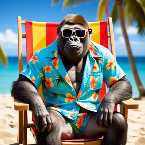 cool funky gorilla wearing a hawaiian shirt and oversize sunglasses sitting in a deckchair on the beach