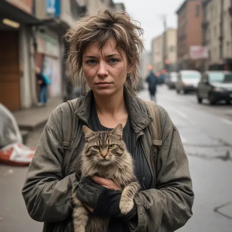 A disheveled hobo woman with a messy stray cat