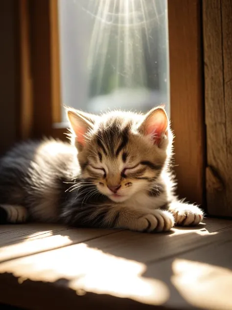 rustic home scene of a kitten sleeping in a sunbeam