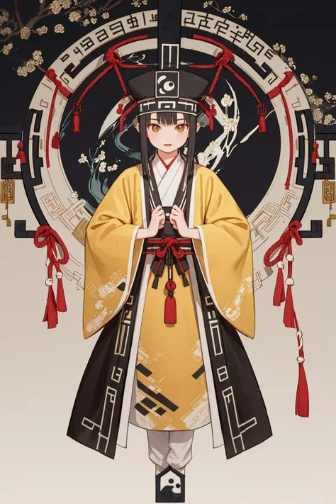 1girl, solo, looking at viewer, full body, 
taoist priest, Yellow Robe Taoist, taoist clothing, chinese clothes, Talisman paper, Daoist hat, Eight Trigrams Pattern, tai chi pattern, <lora:taoist priestv1.0:1>,