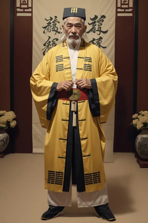 old man, solo, looking at viewer, full body, Fierce, Thinning hair, beard, old, white hair, Asian men,
taoist priest, Yellow Robe Taoist, taoist clothing, chinese clothes, Talisman paper, Daoist hat, Eight Trigrams Pattern, tai chi pattern, <lora:taoist priestv1.0:1>,
