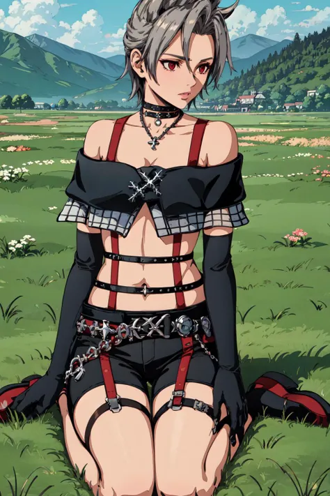 masterpiece, best quality, highres, paine, choker, necklace, crop top, off-shoulder, elbow gloves, belt, suspenders, black shorts, <lora:paine-nvwls-v1-final:0.8>, filed, grass, wariza