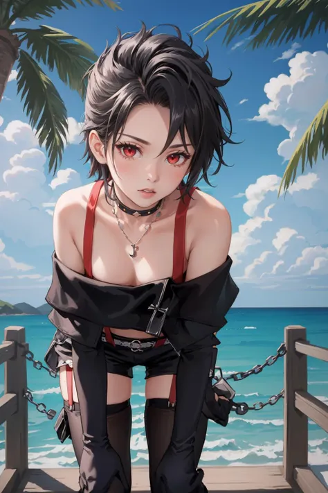masterpiece, best quality, paine, choker, necklace, crop top, off-shoulder, elbow gloves, suspenders, black shorts, thighhighs, standing, looking at viewer, leaning forward, extending hand, ocean, palm tree, wooden bridge <lora:paine-nvwls-v1-000012:0.9>