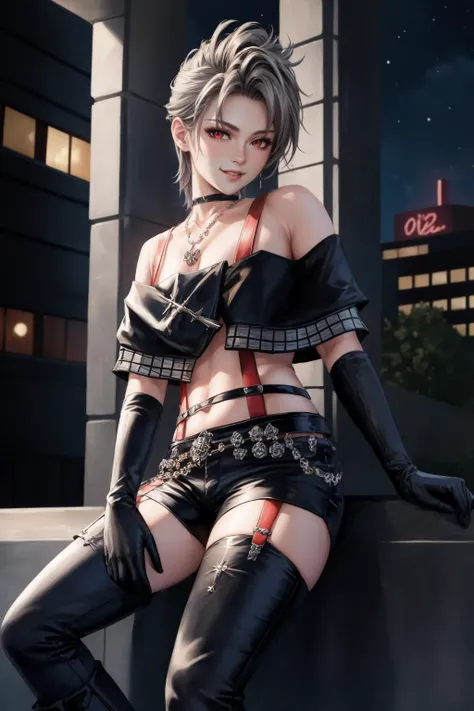 masterpiece, best quality, paine, choker, necklace, crop top, off-shoulder, elbow gloves, suspenders, black shorts, thighhighs, boots, sitting, city, looking at viewer, smile, night <lora:paine-nvwls-v1-000012:0.9>