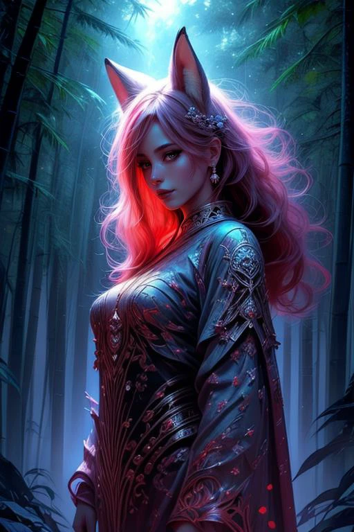 ethereal fantasy concept art of at distance,posing,flirting,(playful gaze, smirking,radiant smile:1.1),1girl,makeup,eyeshadow,complex background,bamboo forest,goddess,divinity,saint,holy,mystery,fog,mist,jewelry,<lora:wrenchsfantasy:0.7>,wrenchsfantasy,fantasy,glowing,glowing eyes,<lora:Concept_-_Hella-sthetic_v2:0.7>,hanfu,long sleeves,wide sleeves,hair ornament,bangs,red hair,fox ears,fox tail,<lora:MollyRedWolf:0.7>,mollyredwolf,pale skin,blue eyes,makeup,long hair,red hair,(full body:1.4),, intricate, elegant, highly detailed, symmetry, magical atmosphere, sharp focus, majestic, very coherent, radiant, advanced, cinematic, artistic, fine detail, winning, beautiful, stunning, dramatic light, designed, rich deep colors, perfect professional background, ambient, tailored set composition . magnificent, celestial, ethereal, painterly, epic, majestic, magical, fantasy art, cover art, dreamy