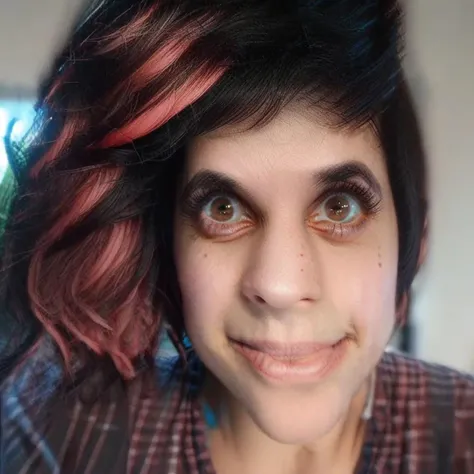 <lora:Ashly_Burch:1>
ab woman,1girl, black hair, short hair,looking at viewer, <lora:Ashly_Burch:.8>,brown eyes,
ashen hair, red highlights in hair, freckles, wide eyes