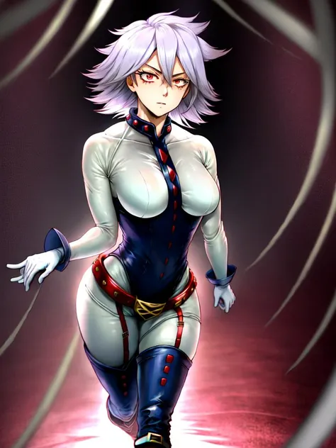 midnightmha, boku no hero academia, 1girl, solo,   <lora:midnightMyHeroAcademia_v10:1>, gloves, bodysuit,   boots, thigh boots,  white gloves, looking at viewer, red footwear,