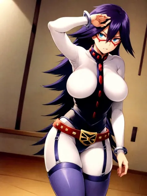 scan, (extremely detailed CG unity 8k wallpaper:1.1), (traditional media:0.9), (sketch:0.9), tracing, ultra-detailed, soft lighting, bedroom, anime, 1girl, midnightmha, boku no hero academia, <lora:midnightMHA_NAI_v2-8:1>, solo, purple hair, very long hair, blue eyes, large breasts, white bodysuit, domino mask, thighhighs, thigh boots, handcuffs, belt, garter straps