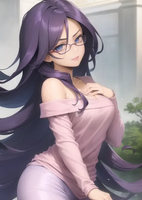 ((best quality)), ((highly detailed)), masterpiece, ((official art)), detailed face, beautiful face, (detailed eyes, deep eyes), (1girl:1.33, solo), (glasses), <lora:midnightMyHeroAcademia_v10:.8>, midnightmha, boku no hero academia, purple hair, very long hair, sky blue eyes, ;p, off shoulder long sleeved shirt, sweat pants, (pink mist), (torn clothes