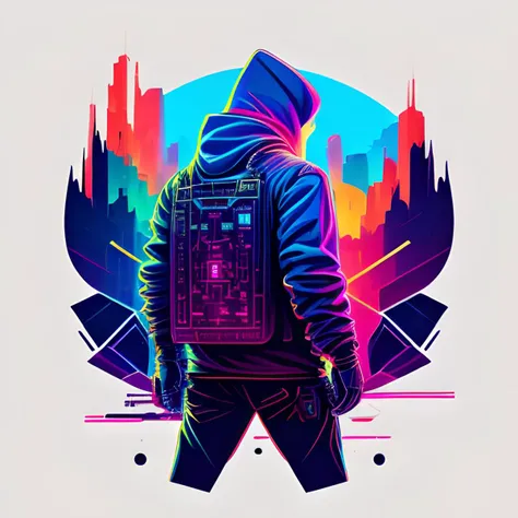 ilustration that represent a hacker, futuristic, realistic and colorfull (on a white background) as a t-shirt logo in the style of <MAGIFACTORY> art