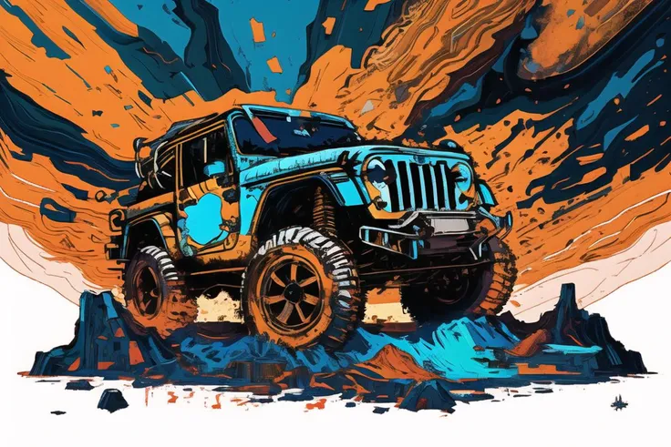 (masterpiece:1.2), great art, visually stunning, best quality, highly detailed, pen marker illustration, contrasting space, contrasting colors, awe inspiring poster, beautiful Illustration, orange retro|futuristic off-road concept car of (Jeep CJ:1.3) speeding on a country road, (pop-art|cyberpunk:1.1) style by tom whalen, <lora:LORAFlatColor_flatColor:0.8><lora:DiscoElysiumStyle_v1:0.8>